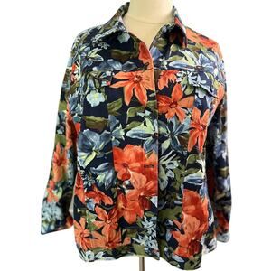 Drapers‎ & Damons Jacket 3X Plus Navy Floral Denim Long Sleeve Button Up Preppy